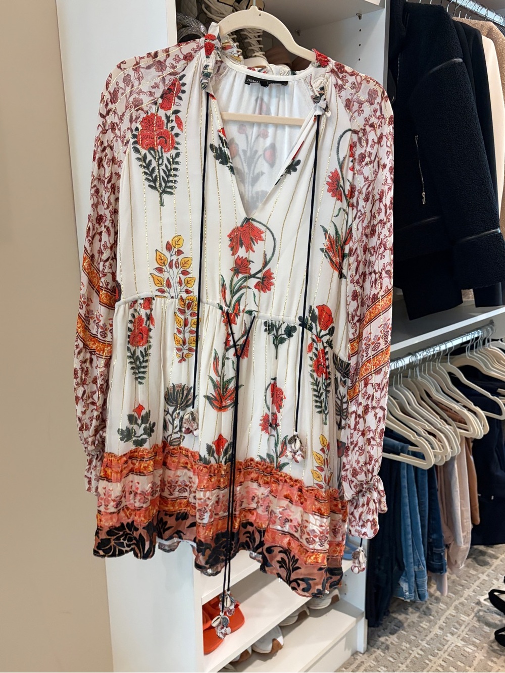HEMANT & NANDITA Cream Mini Dress with Red and Orange Floral Print